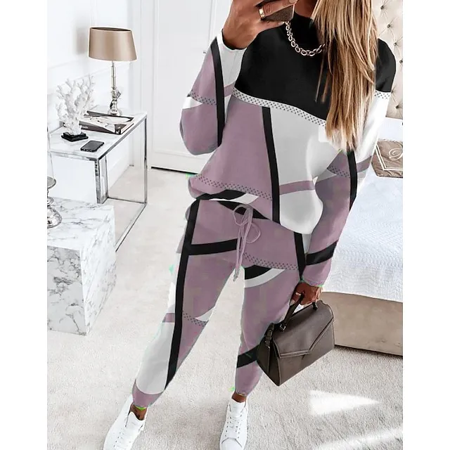 Women's Sweatshirt Tracksuit Pants Sets Camel Purple Green Geometric Color Block Drawstring Print Long Sleeve Sports Outdoor Casual Active Streetwear Crew Neck Regular Fit Fall & Winter