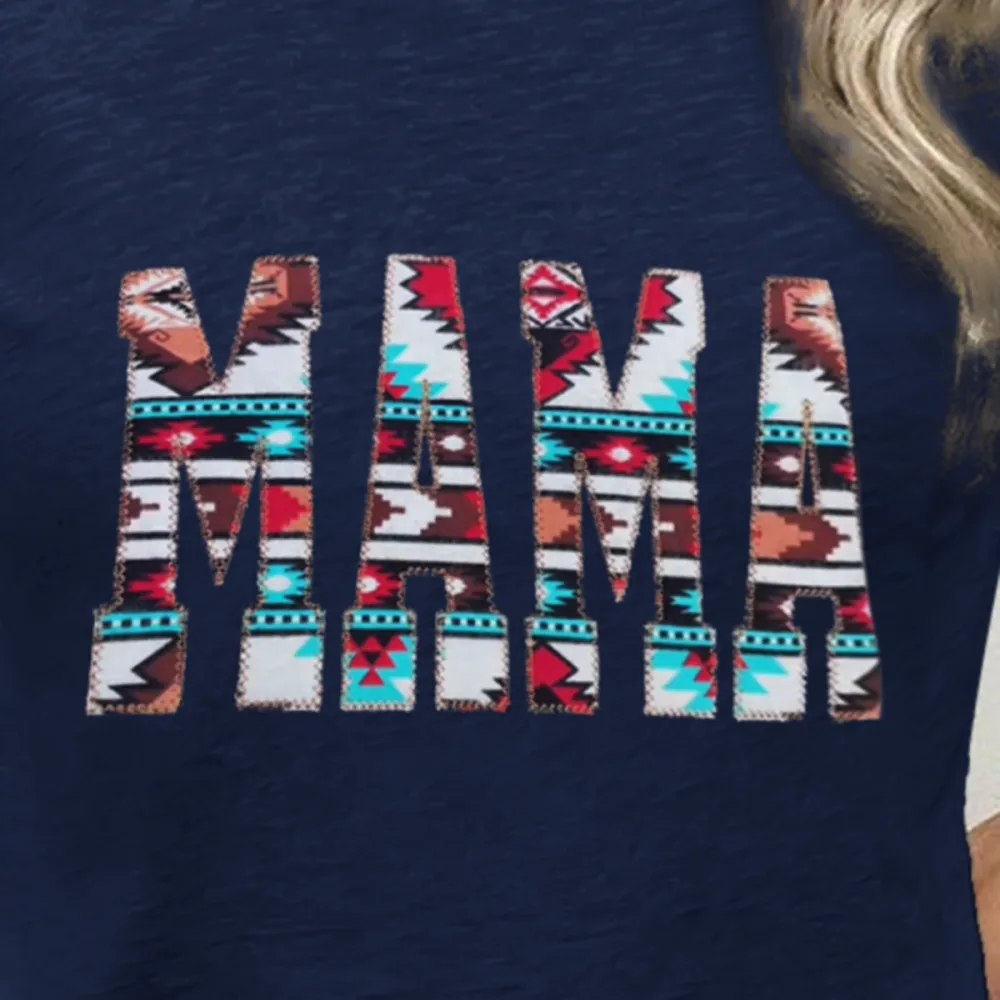 Women'S T-Shirt Cotton Alphabet Print Aztec Print T-Shirt Round Neck MAMA Short Sleeve