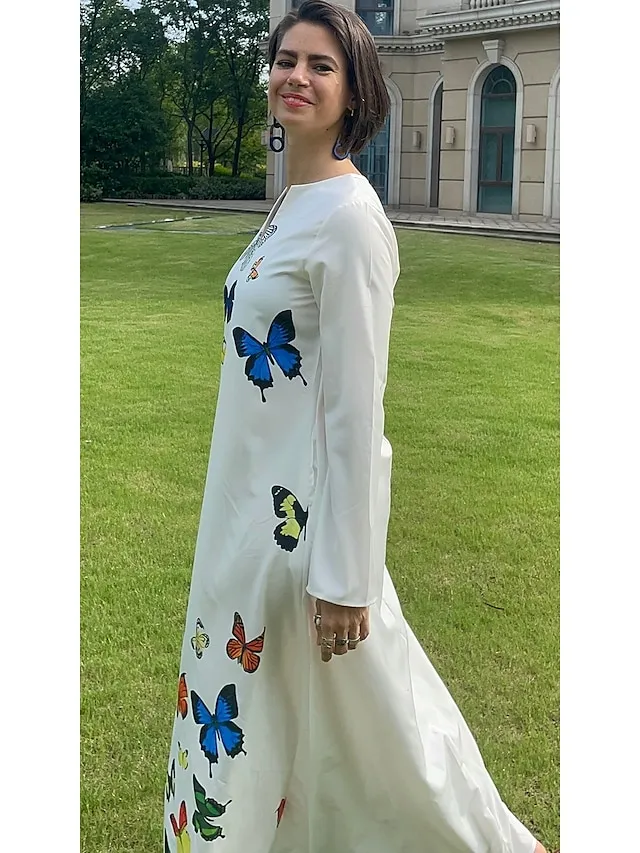 Women's Shift Dress Swing Dress Long Dress Maxi Dress Green Blue Grey White Black Long Sleeve Feather Butterfly Pocket Print Summer Spring V Neck Stylish Casual Dress 2023 S M L XL XXL XXXL 4XL 5XL