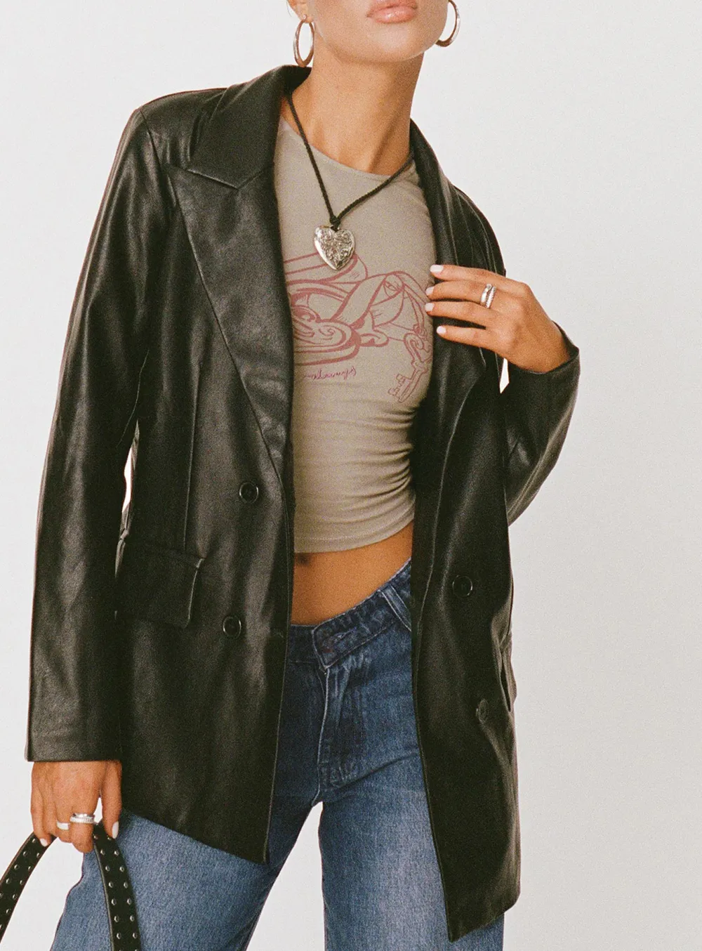 Black Double Breasted Faux Leather Blazer