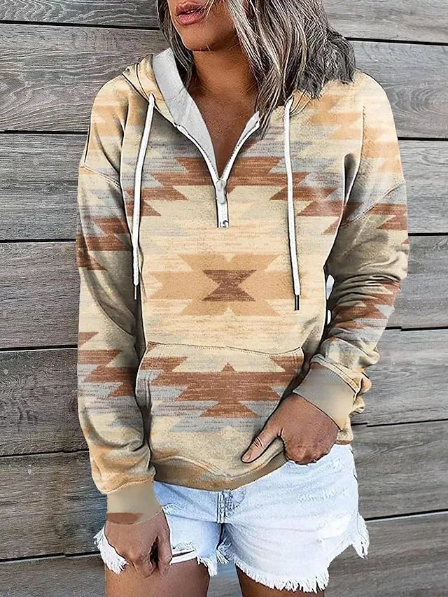 Women's Hoodie Sweatshirt Pullover Vintage Sports Basic Zipper Drawstring Front Pocket Light Yellow Creamy-white smoke grey Geometric Tribal Aztecs Street Casual Hoodie Long Sleeve Top Micro-elastic