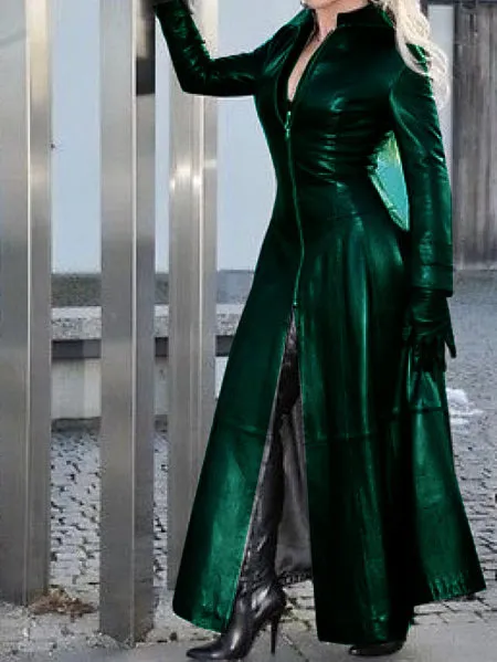 PU Leather Zipper Design Long Sleeve Coat