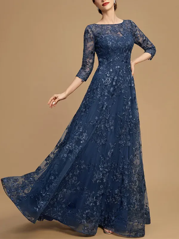 Round Neck Lace Long Sleeve Solid Color Maxi Dress