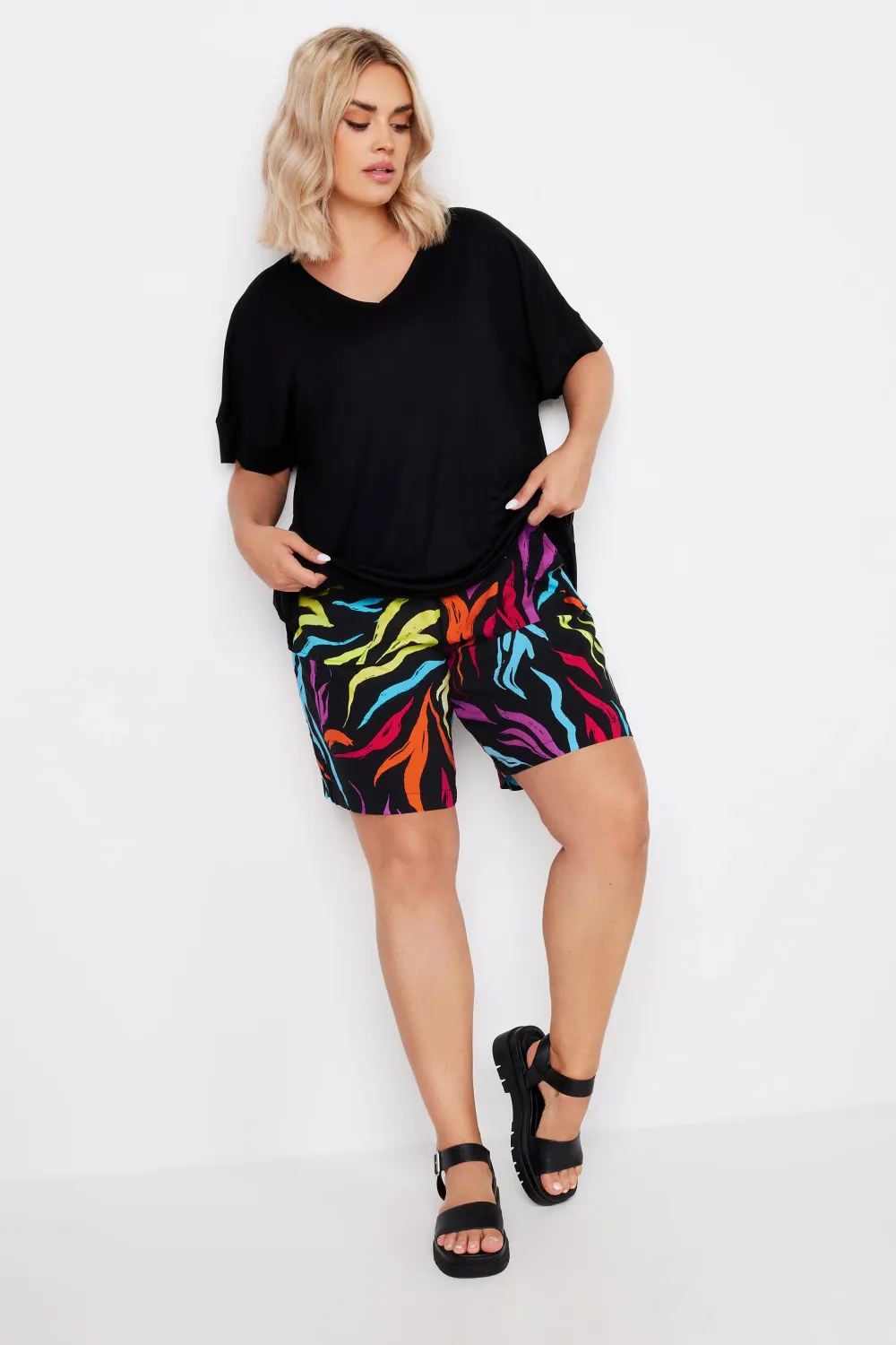 YOURS Curve Black Rainbow Zebra Print Paperbag Shorts
