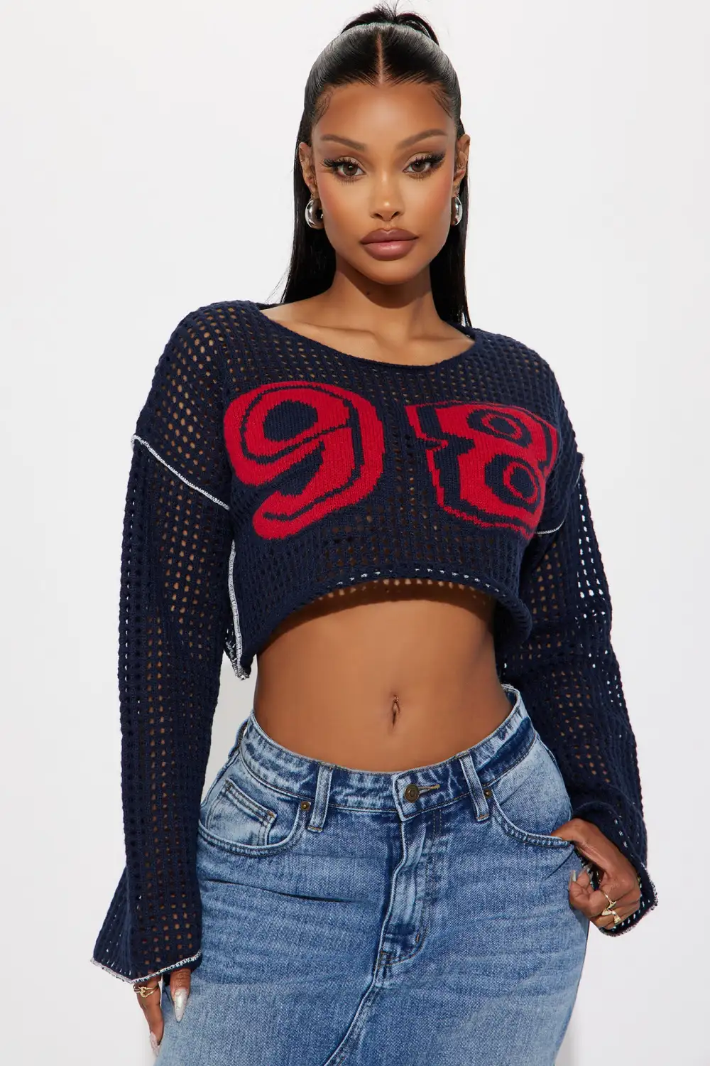 Varsity Crochet Sweater - Navy/Red
