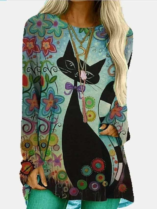 Women's Plus Size T shirt Tee Burgundy Tee Tunic Shirts Marron Yellow Light Green Geometric Plaid Print Long Sleeve Casual Vintage Tunic Ethnic Round Neck Regular Fit Bohemian Theme Geometric Fall