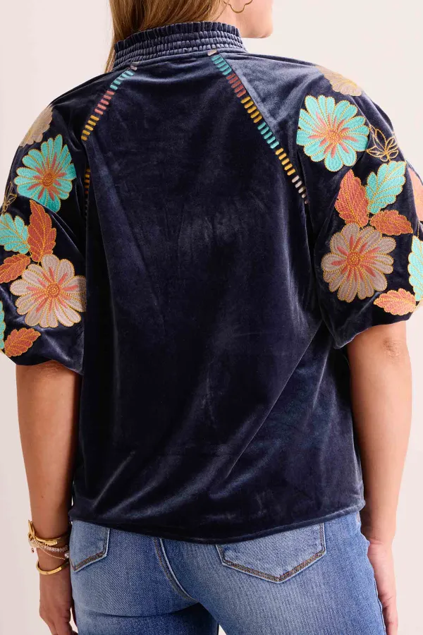 Floral Embroidered Velvet Puff Sleeve Top