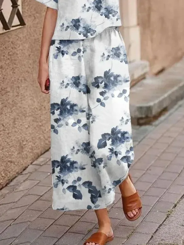 Printed temperament round neck short sleeve ladies cotton linen sets