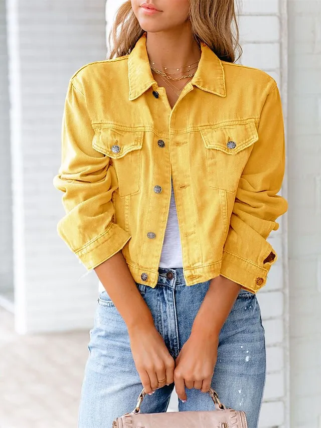 Women's Denim Jacket Outdoor Button Plain Breathable Fashion Regular Fit Outerwear Long Sleeve Fall Light Blue S