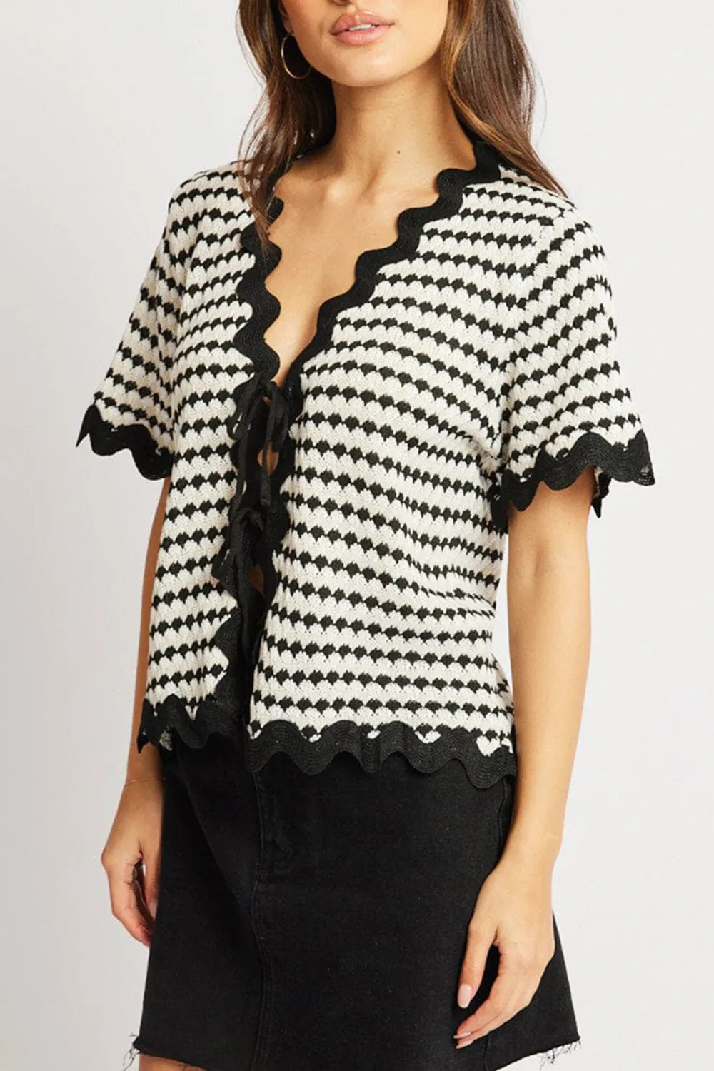 Multi Stripe Knit Cardigan Short Sleeve Tie Up