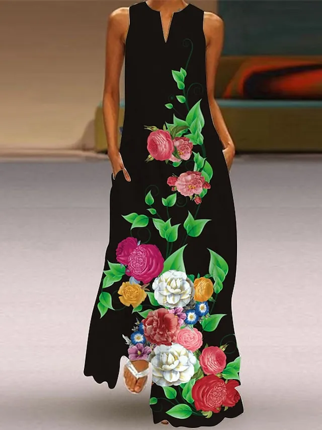 Women's Long Dress Maxi Dress Casual Dress Print Dress Outdoor Holiday Vacation  Print Sleeveless V Neck Dress Regular Fit White Red Blue Summer Spring S M L XL XXL（with no pocket)