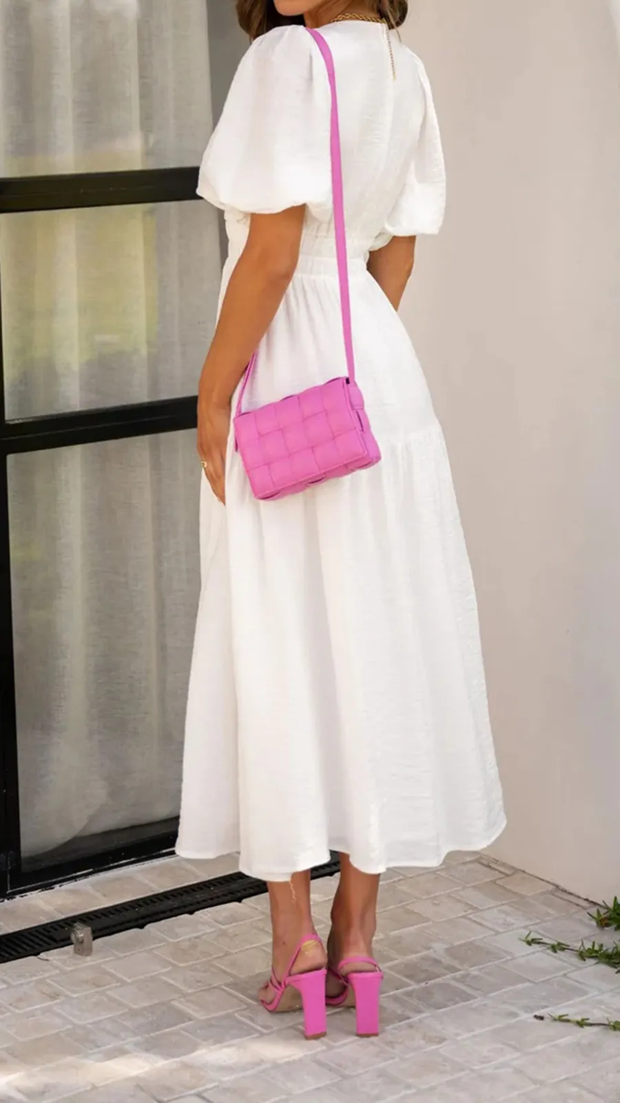 Solid Color Puffy Midi Dress