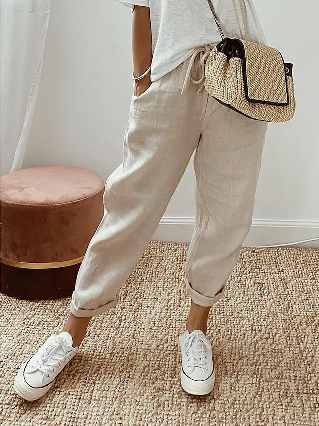 Women's Linen Pants Pants Trousers Baggy Cotton Plain Maillard Side Pockets Baggy Full Length Fashion Casual Daily Black White S M