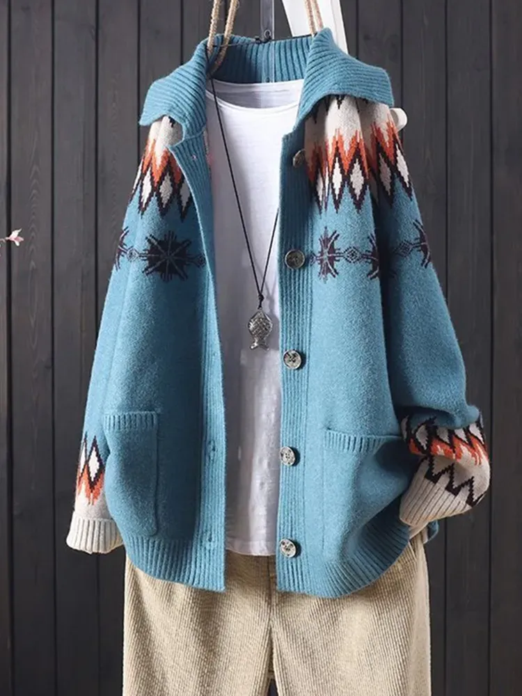 Vintage Icelandic Jacquard Sweater Lapel Cardigan