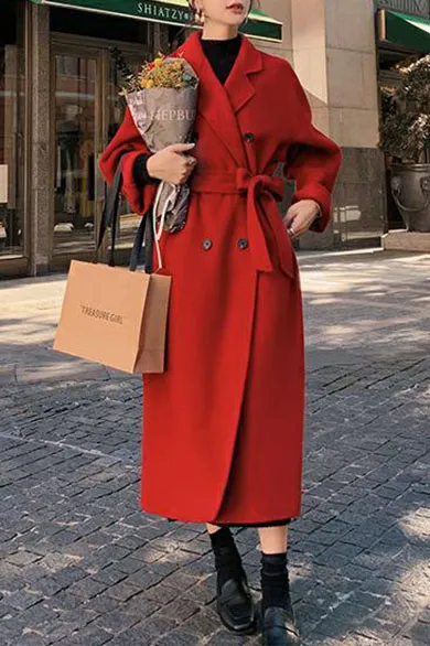 Hepburn Solid Color Double Breasted Wool Coat