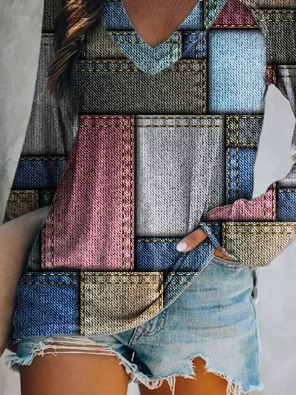 Printed Long Sleeve V Neck Casual Tunic T-Shirt