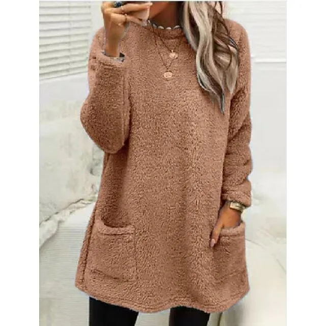 Women's Sweatshirt Pullover Sherpa Fleece Teddy Pocket Marron Black Blue Solid Color Street Casual Round Neck Long Sleeve Fleece S M L XL 2XL 3XL
