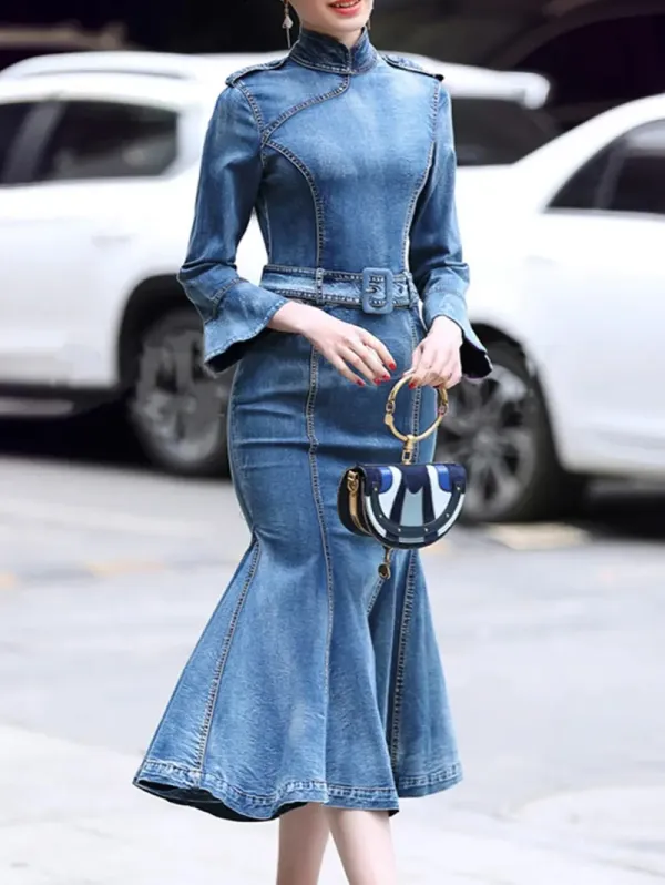 Casual Stand Collar Ruffle 3/4 Sleeve Denim Midi Dress
