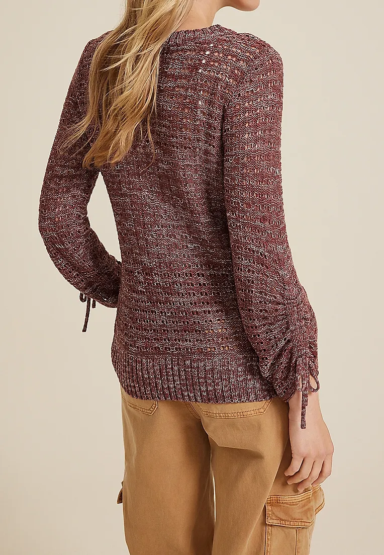 Marled Pointelle Cinched Sleeve Sweater