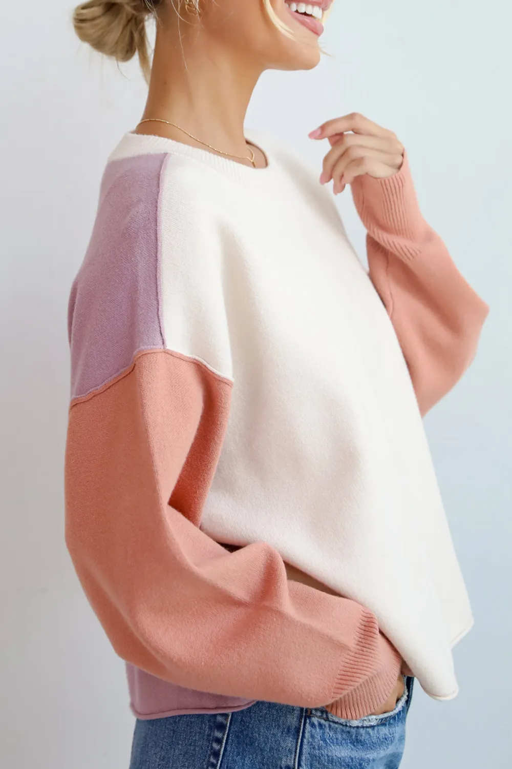 Complete Sophisticate Cream Color Block Sweater