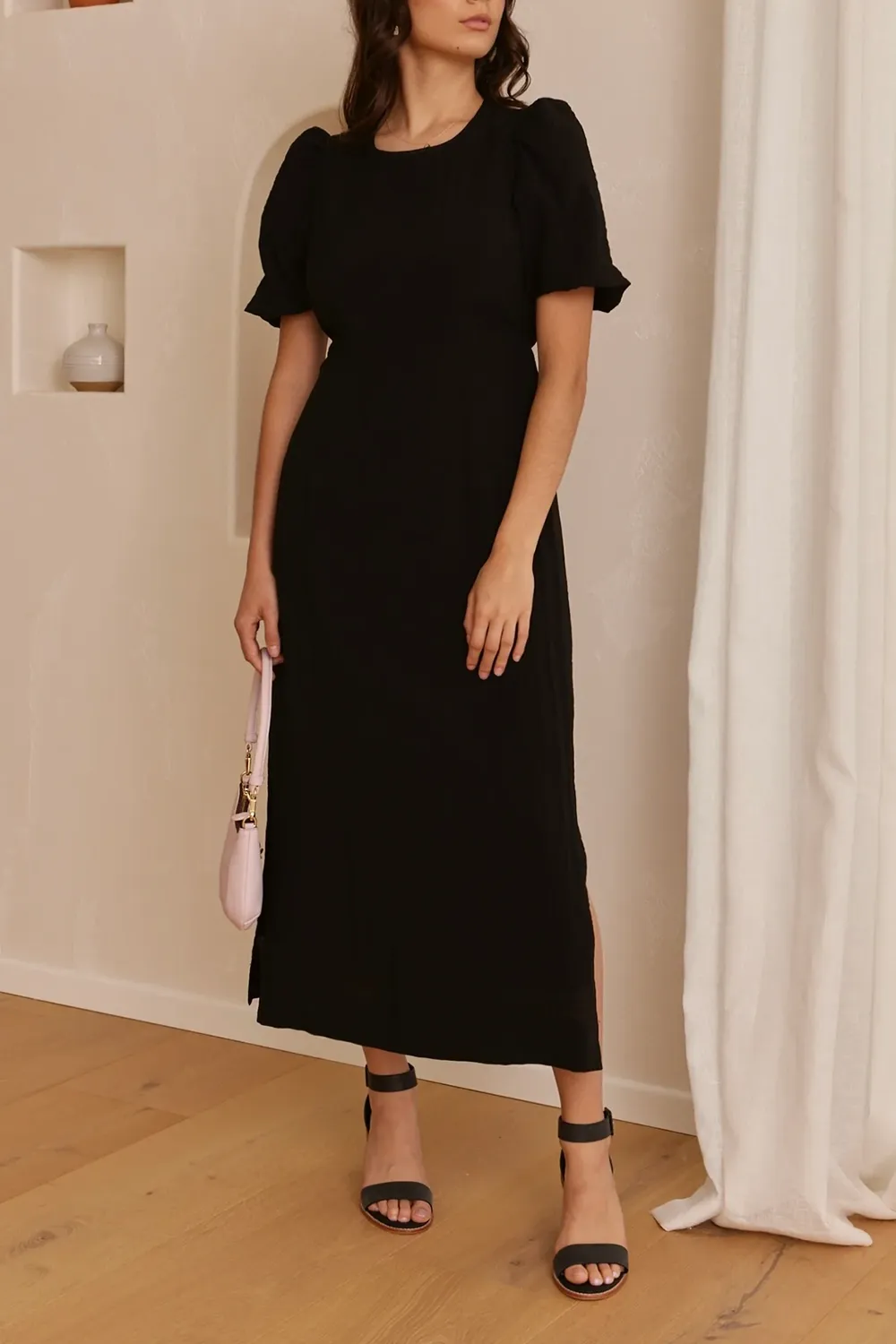 Puff Sleeve Tie Midi Dress