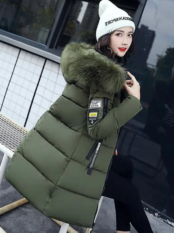 Women's Puffer Jacket Long with Pockets Slim Fit Fur Collar Coat powder Bean Green White Black Gray Classic Style Christmas Winter Zipper Hoodie Regular Fit M L XL XXL XXXL / Daily / Windproof