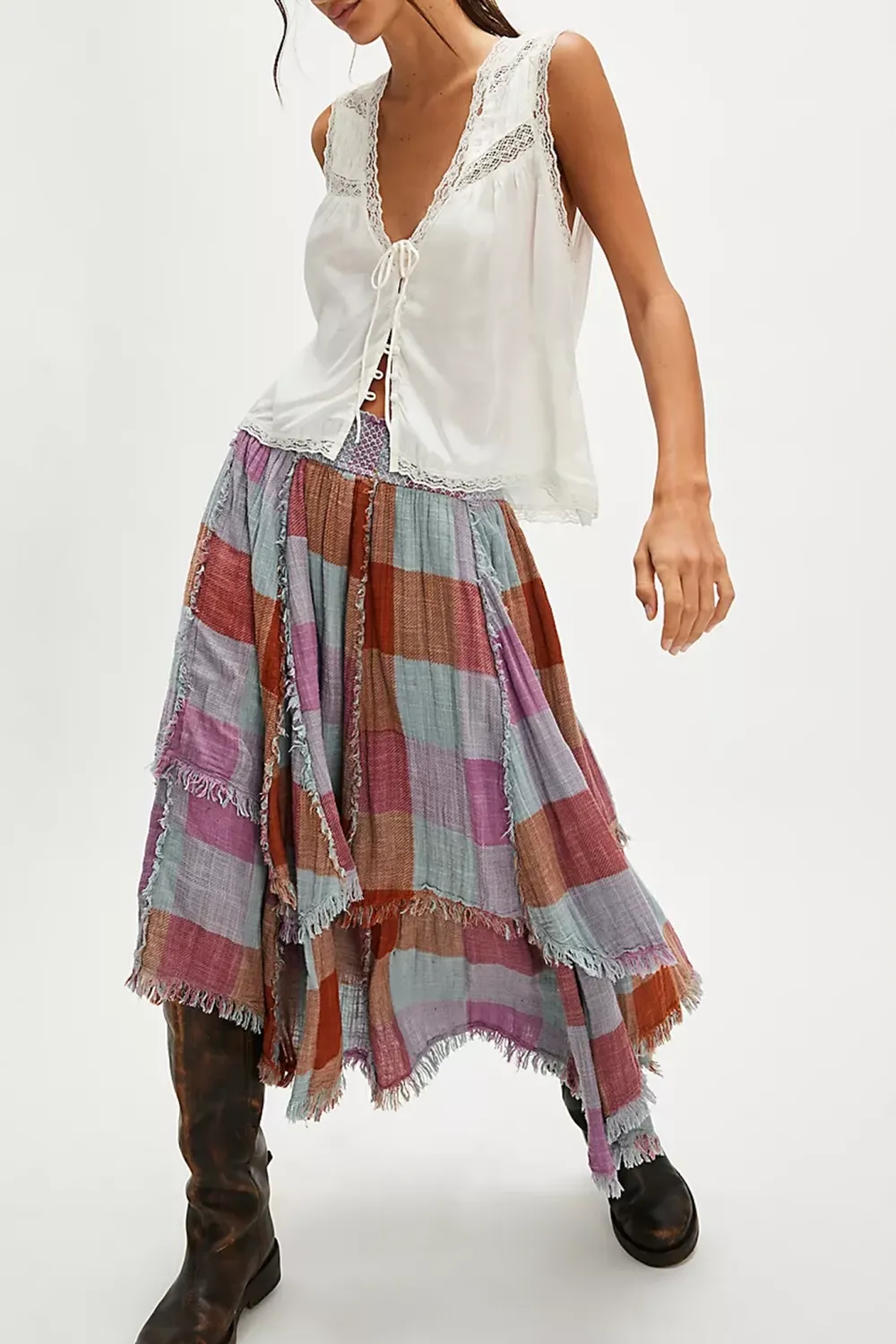 Plaid Patchwork Asymmetric Midi Skirt