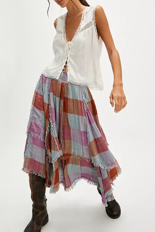 Plaid Patchwork Asymmetric Midi Skirt