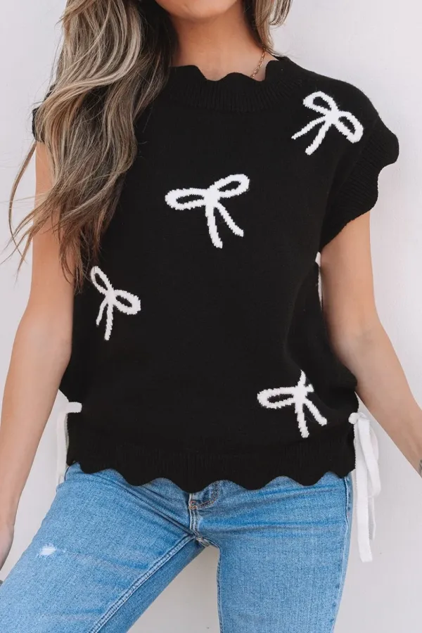 Bow Simple Temperament Fit versatile black  Knit Sweater