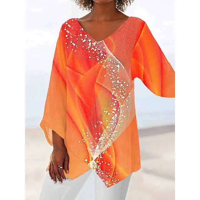 Women's Plus Size Shirt Blouse Tunic White Red Blue Graphic Floral Asymmetric Print Long Sleeve Streetwear Casual V Neck Regular Fit Floral Spring Fall