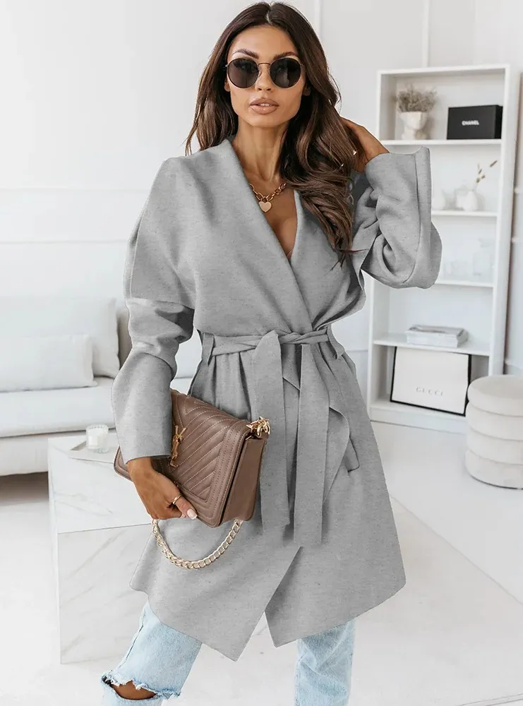 Solid Front Belt Long Sleeve Coat