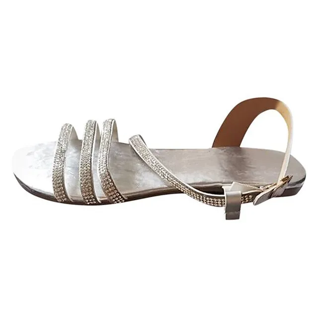 Women's Sandals Boho Bohemia Beach Sparkly Sandals Daily Summer Rhinestone Flat Heel Open Toe Casual Faux Leather Loafer Black Silver Gold