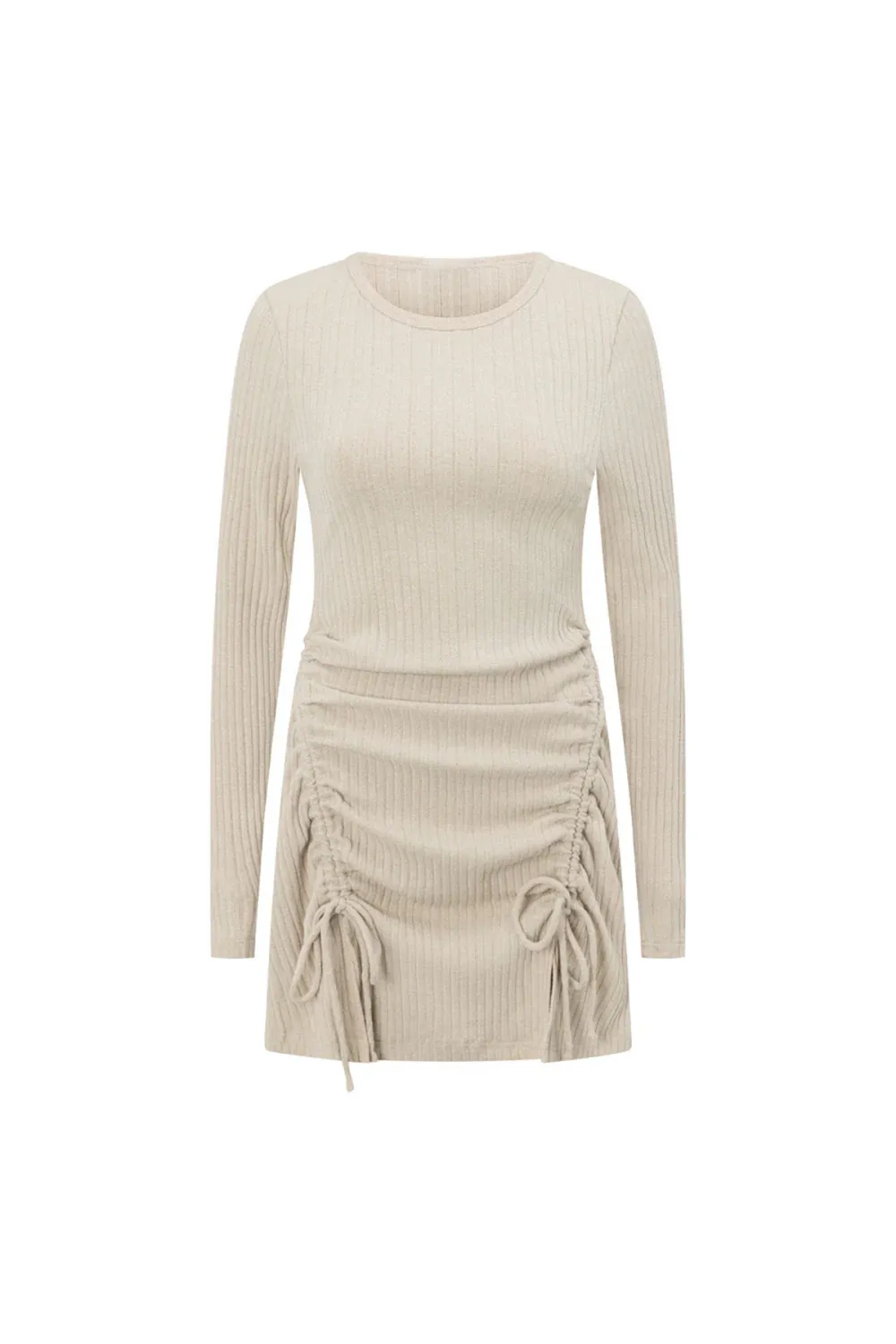 Long Sleeve Ruched Ribbed Mini Dress