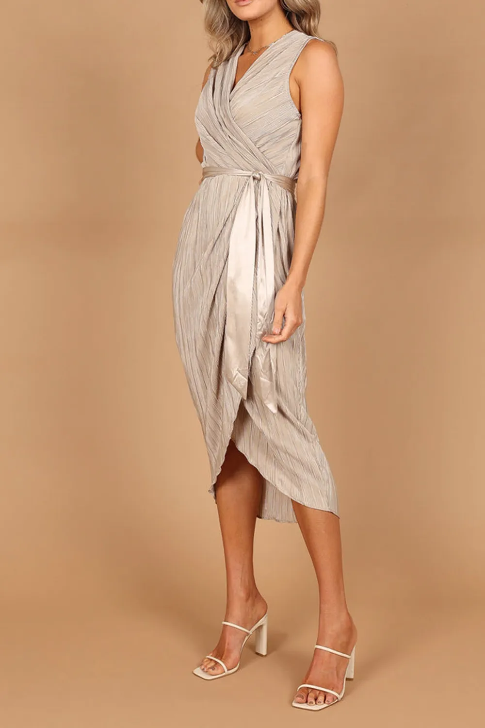 CHAMPAGNE PLEATED WRAP MIDI DRESS
