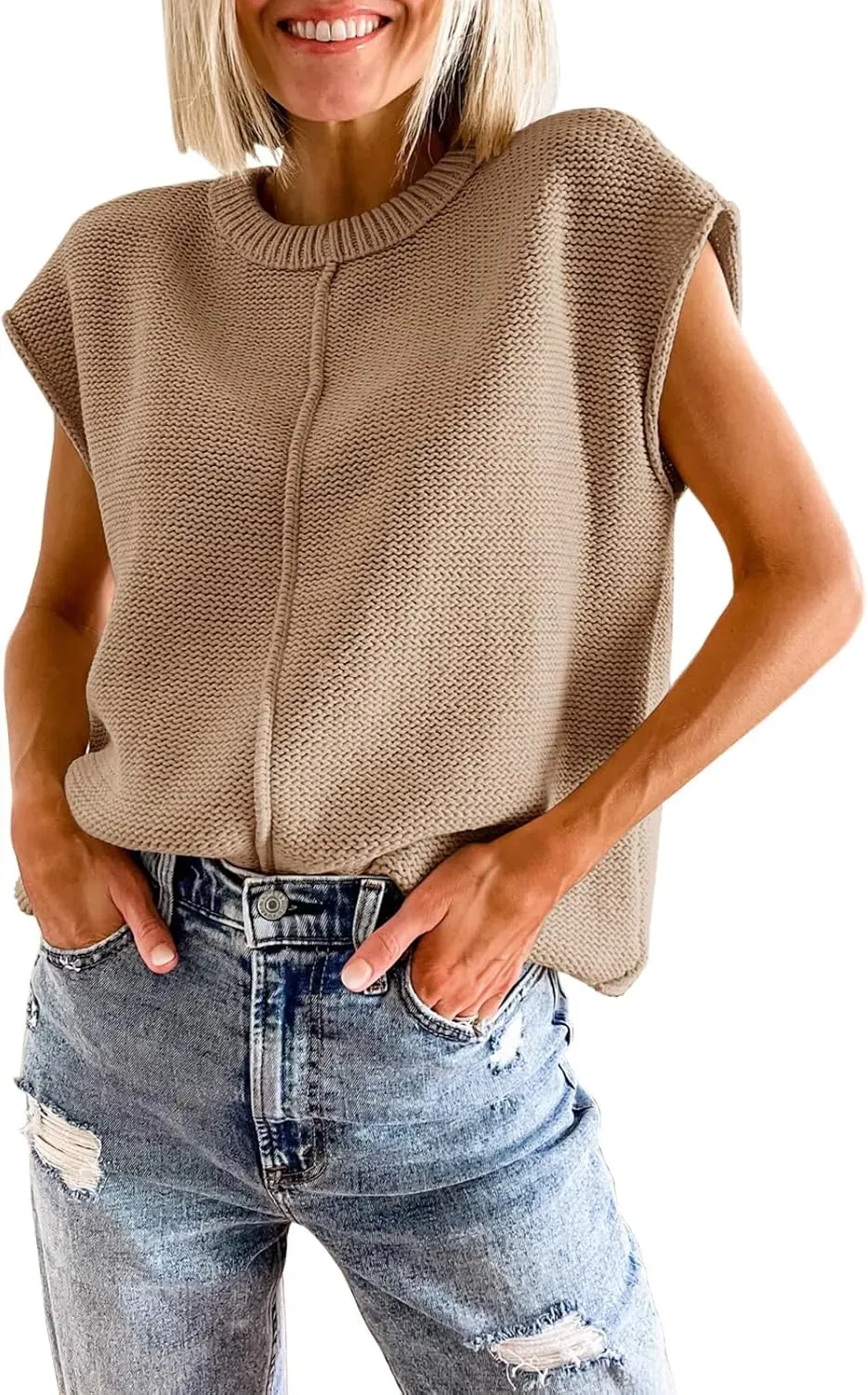 Saodimallsu Womens Summer Cap Sleeve Tops Casual Crew Neck Loose Fit Knit Lightweight Sweater Pullover Top