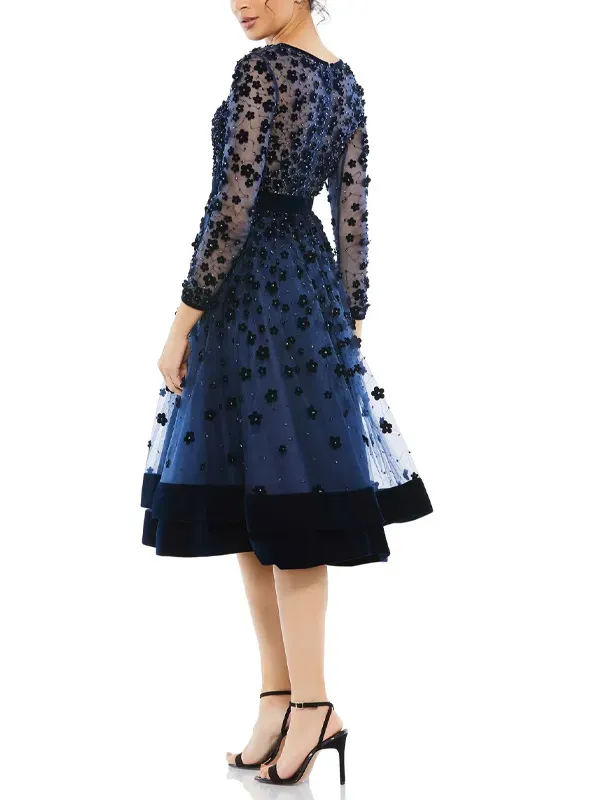 Embellished Sheer Long Sleeve A-Line Midi Dress