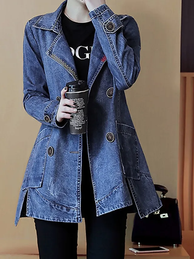 Women's Denim Jacket Regular Coat Regular Fit Warm Breathable Streetwear Elegant Jacket Spring Summer Long Sleeve Solid Color Pocket Navy Blue Outdoor Street Daily