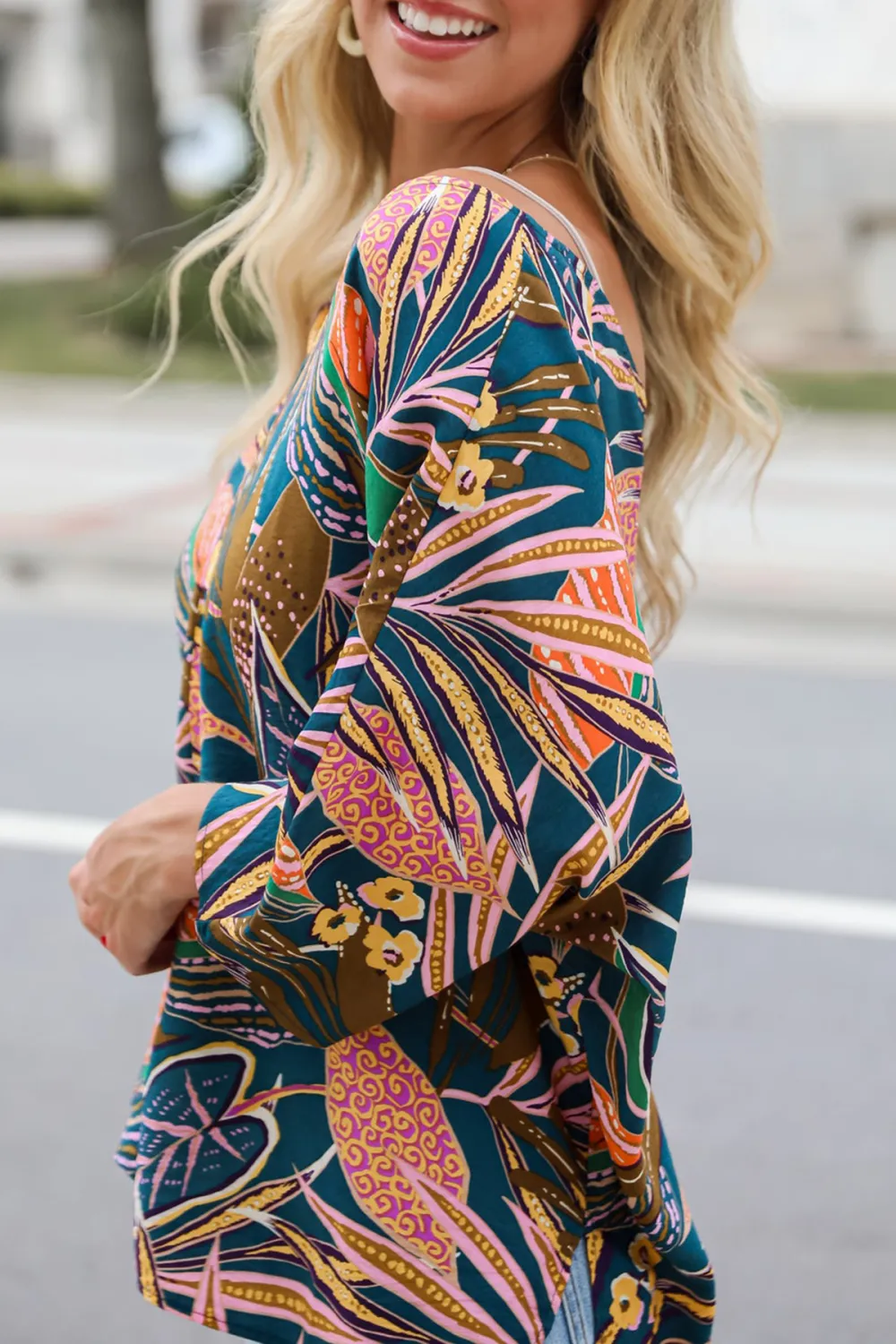 Incredible Allure Teal Leaf Print Oversized Blouse