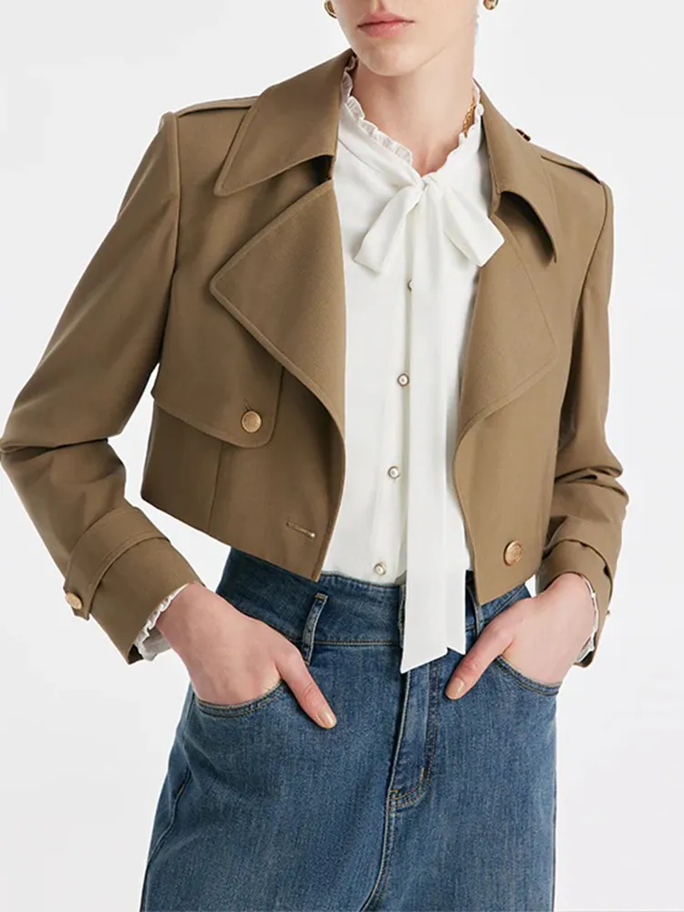 MachIne Washable Wool Lapel Women Crop Trench Coat