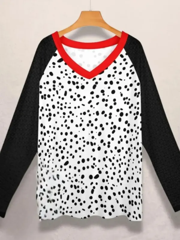Red Trim Dot V-Neck Top