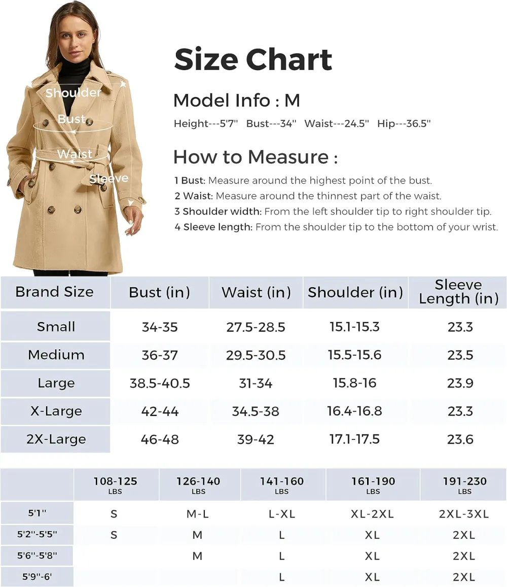 Women's Double Breasted Pea Coat Winter Mid-Long Trench Coat with Belt