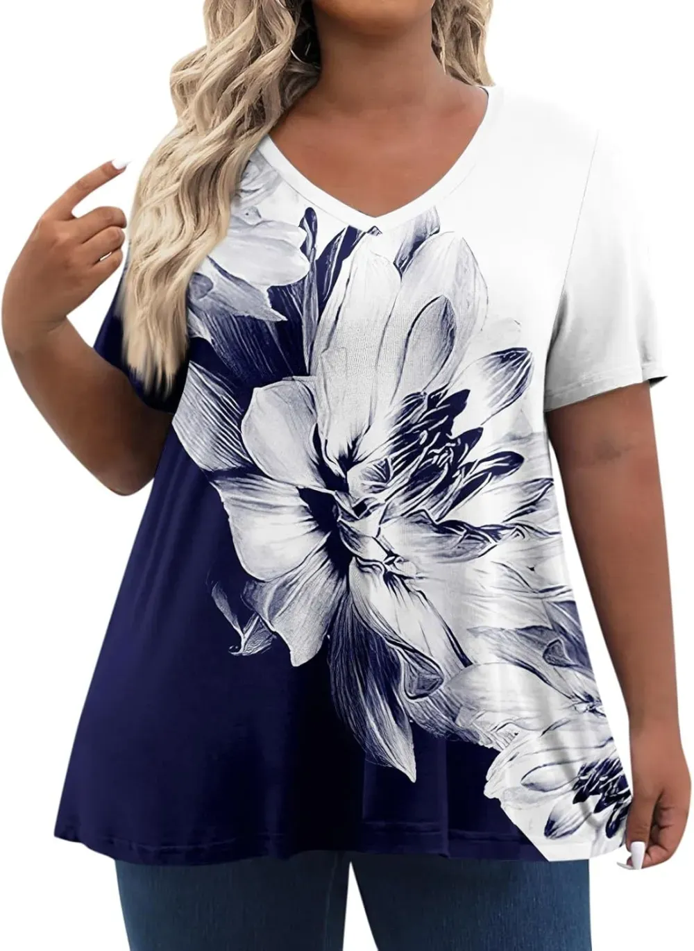 Plus Size Tops for Women Dressy Short Sleeve V Neck Shirts for Women Summer Tops for Women 2024 Floral Print Top