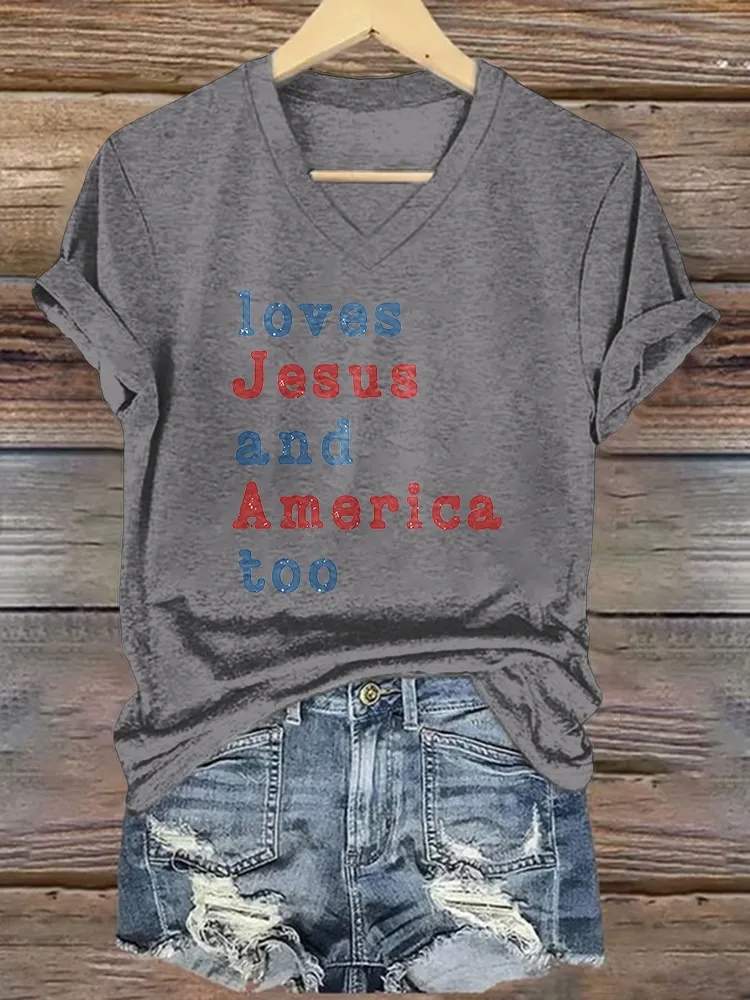 Women'S Loves Jesus Ang America Too T-Shirt