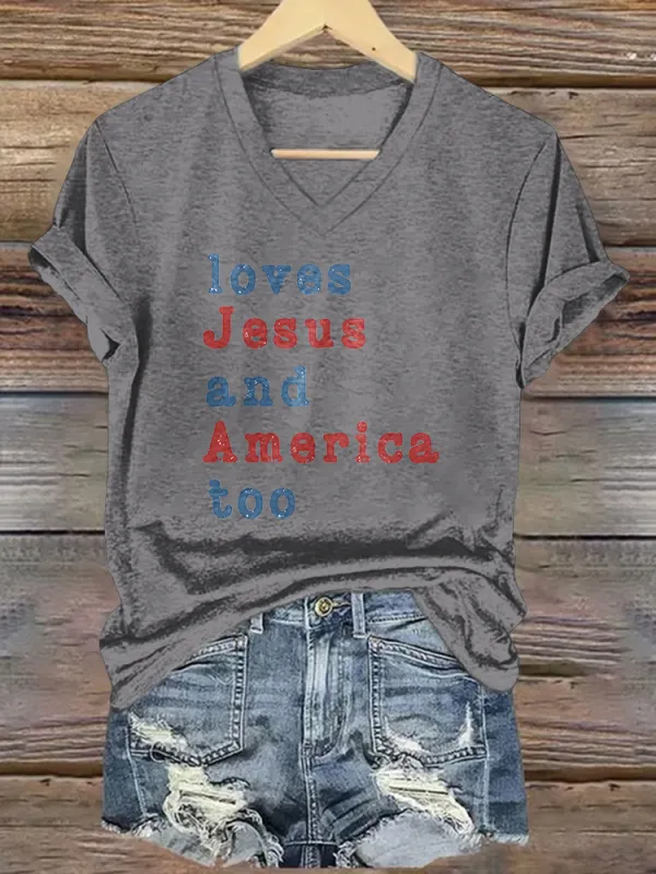 Women'S Loves Jesus Ang America Too T-Shirt