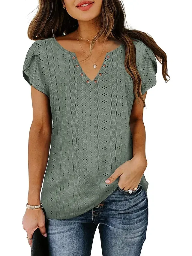 Women's T shirt Tee Light Blue Black White Plain Button Short Sleeve Casual Basic V Neck Regular S