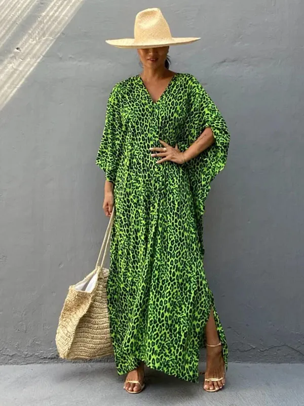 Green Leopard V-Neck Split-Side Batwing Sleeves Maxi Dress