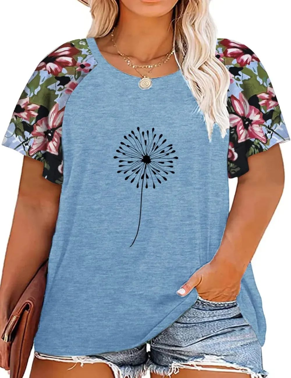 HDLTE Womens Plus Size Tops Floral Bell Sleeves Blouses Summer Crewneck Tunic Loose Casual T Shirts