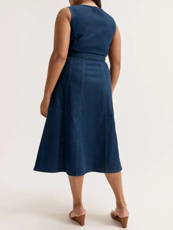 Square Neck Denim Midi Dresses