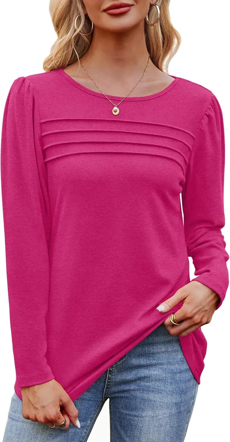 OFEEFAN Long Sleeve Shirts for Women Fall Fashion 2024 Dressy Casual Blouses Trendy Pleated Tunic Tops for Leggings