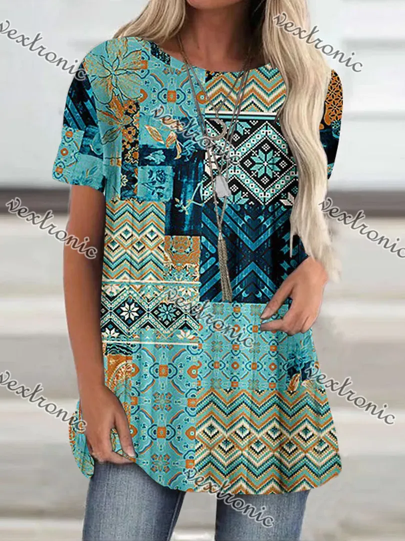 Women Short Sleeve Scoop Neck Floral Printed Graphic Geometric Tops